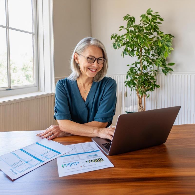 Smiling-elderly-businesswoman-using-a-laptop-at-a-desk-with-documents-and-a-lush-green-plant-in-an-office-setting.