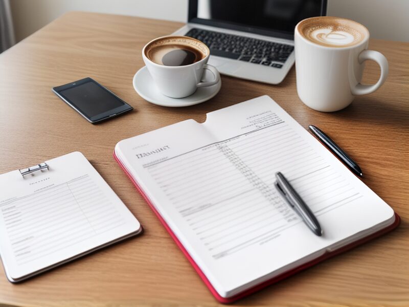 Modern-workspace-featuring-a-laptop-with-coffee-cups,-a-smartphone,-and-a-clipboard-with-documents-on-a-wooden-table.